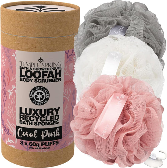 Recycled Luffa Sponges, Bathroom Shower Accessories, Loofa Bath Sponge, Exfoliating Body Scrubber Exfoliator Pouf, Shower Scrubber Puff, Poof, Loofah for Women, Loofah for Men-Coral Pink