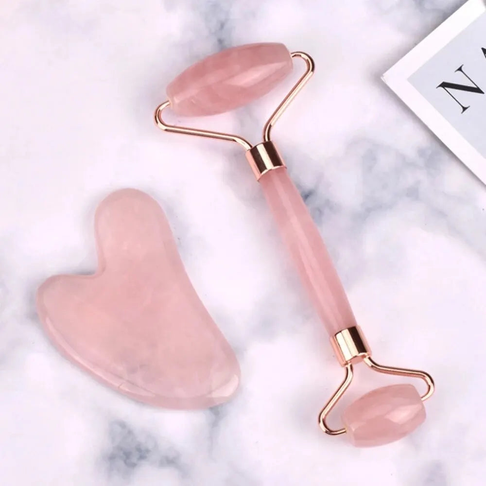 Pink Gua Sha Roller Scraping Board Face Beauty Non Jade Roller Scraping Board Massage Set