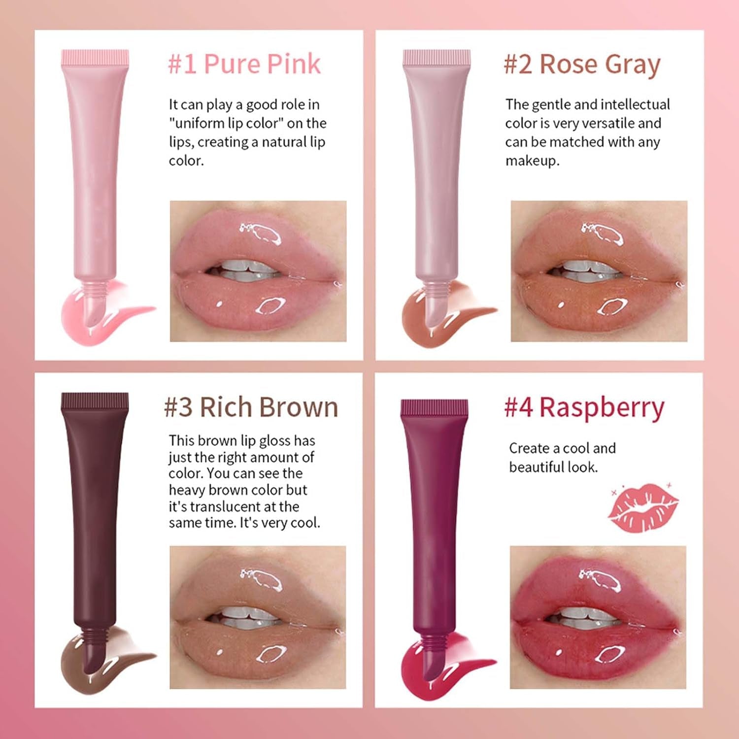 5 Color Glossy Lip Butter Gloss,Moisturizing Non-Stick Cup Liquid Lip Gloss,Natural Plumping Lip Tint,Mirror Toot Lip Gloss for Women (4 Colors/Set, A)